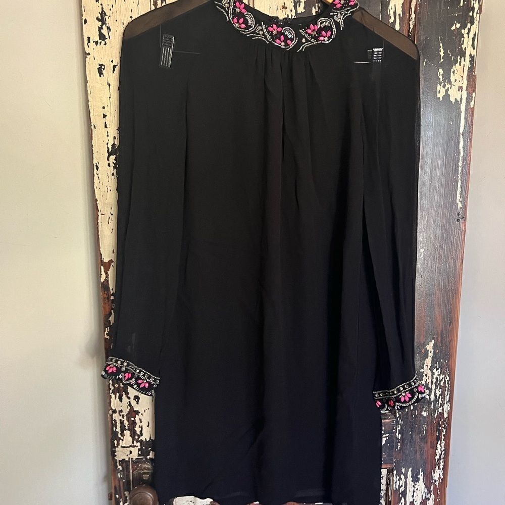 Women’s French Connection Black Beaded crystal neck and sleeve dress.  Size 2.